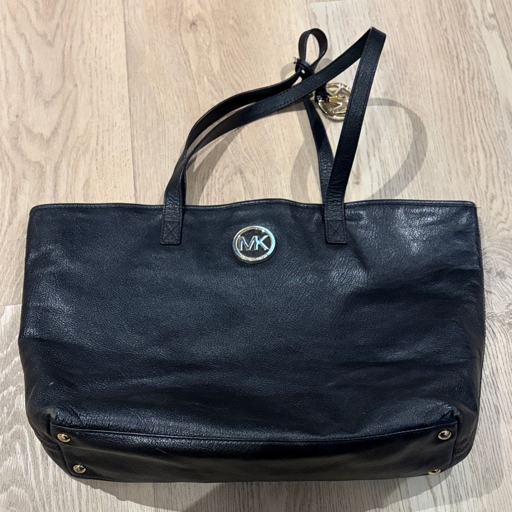 Michael Kors Black Leather Tote with Logo Accent